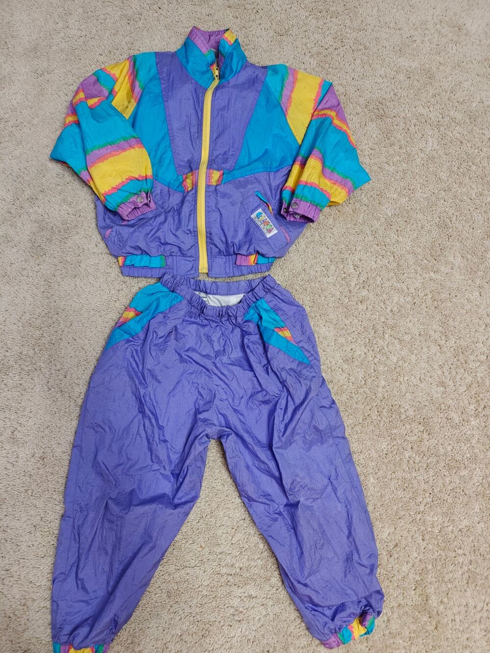 VTG 80s 90s Giaccia Sport Kids Nylon Tracksuit Set Colorblock Purple Teal 2PC